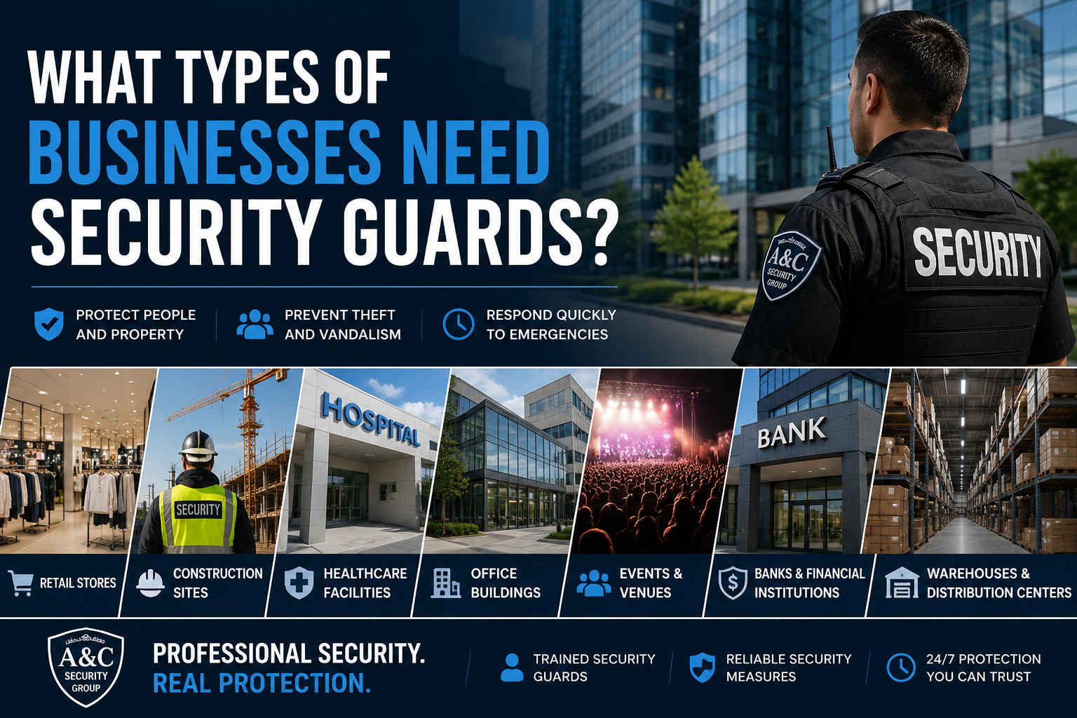 What types of businesses need security guards including retail stores hospitals banks construction sites and office buildings