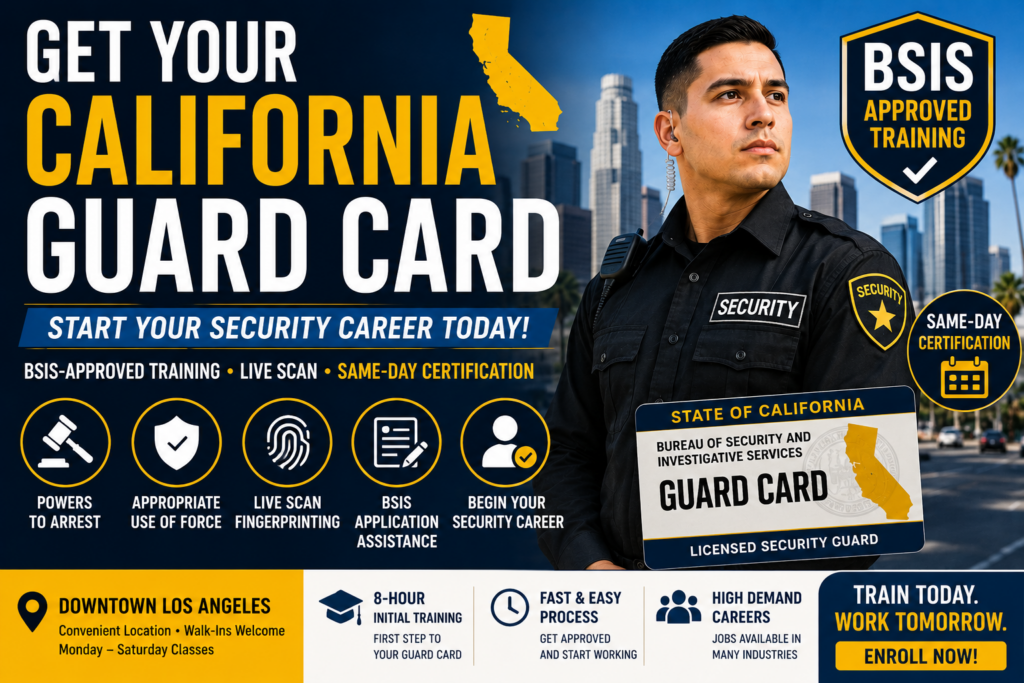California guard card training with BSIS approved security guard classes and Live Scan fingerprinting