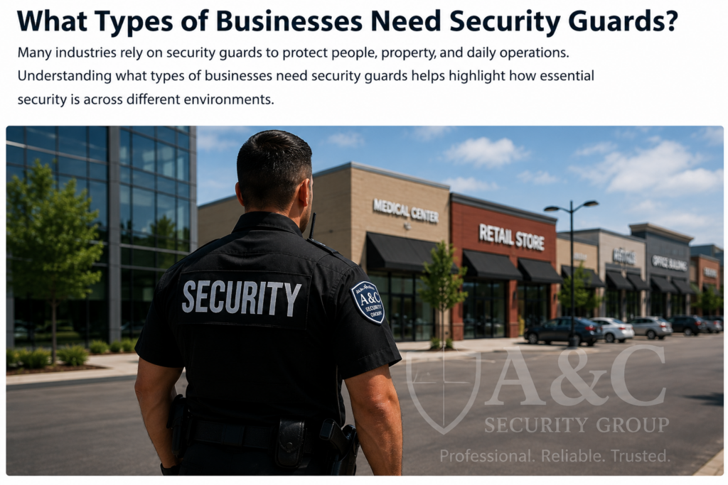 Security guard protecting different types of businesses including retail stores medical centers and office buildings
