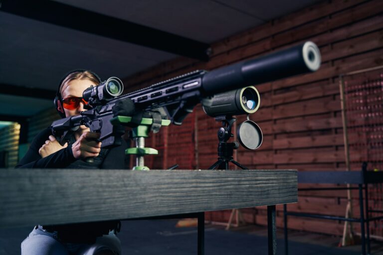 Sniper shooting a firearm with a riflescope