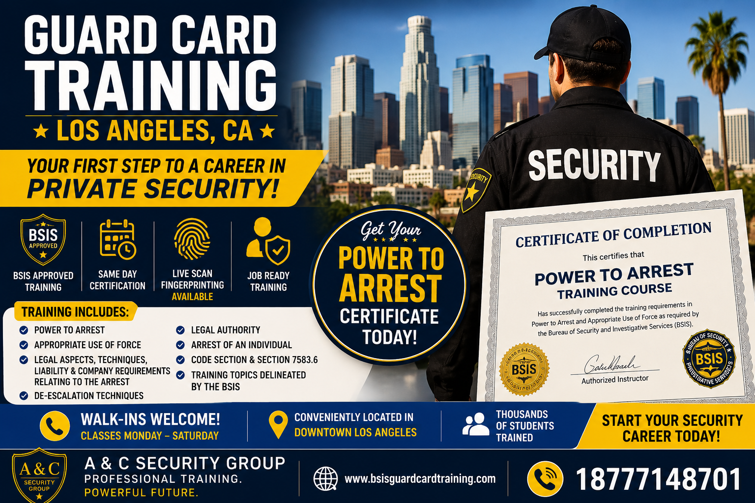 Guard card training Los Angeles CA with Powers to Arrest certificate BSIS approved security guard training