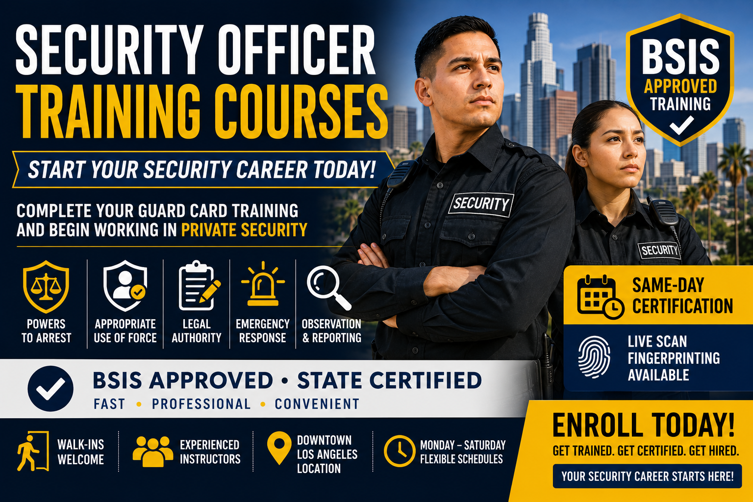 Security officer training courses in California with BSIS approved guard card training and Live Scan fingerprinting