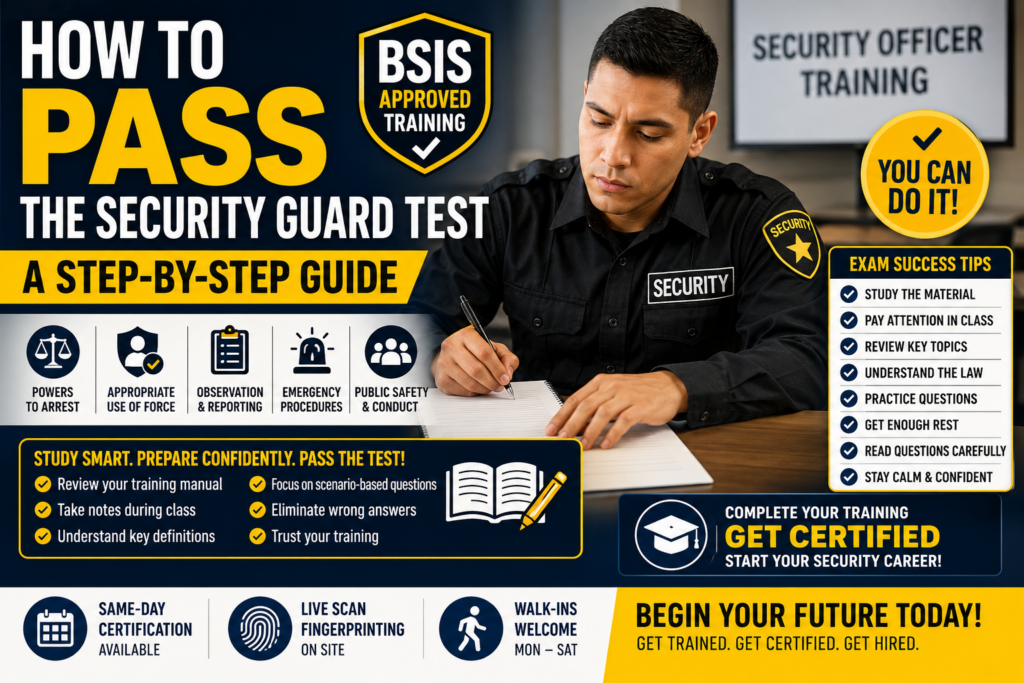 How to pass the security guard test with California guard card study tips and BSIS training