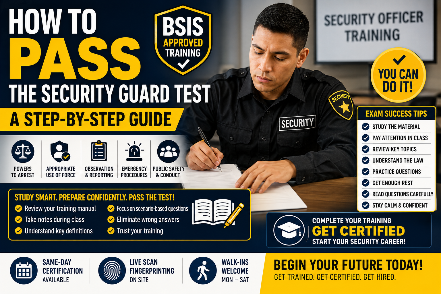 How to pass the security guard test with California guard card study tips and BSIS training