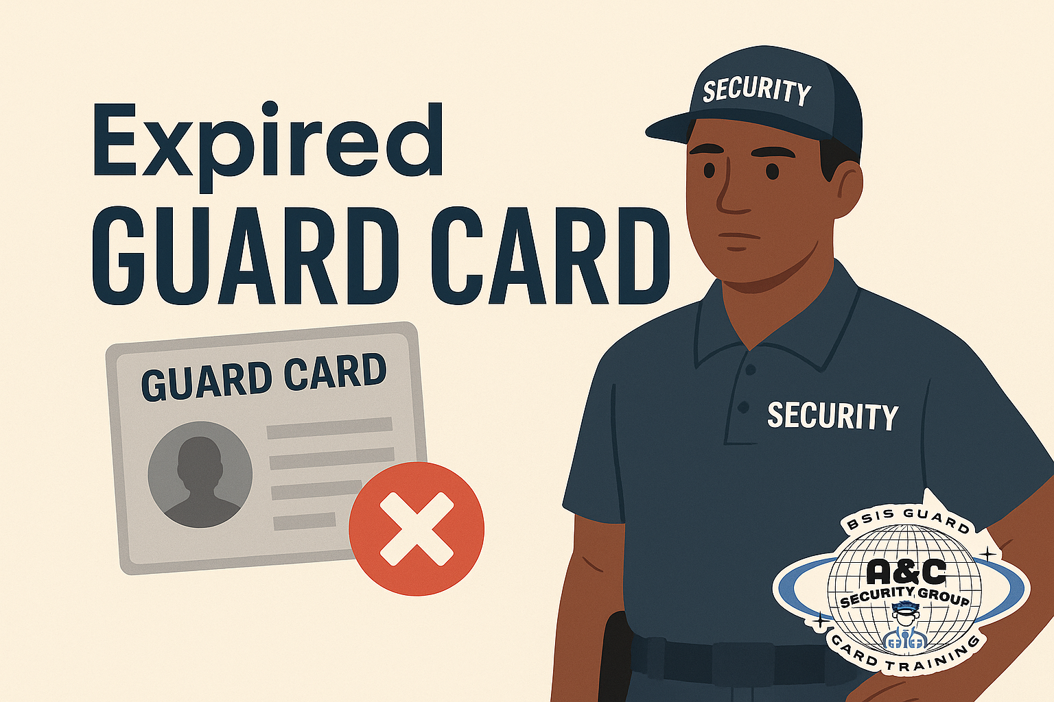 Illustration of a security guard holding a sign for expired guard card renewal.