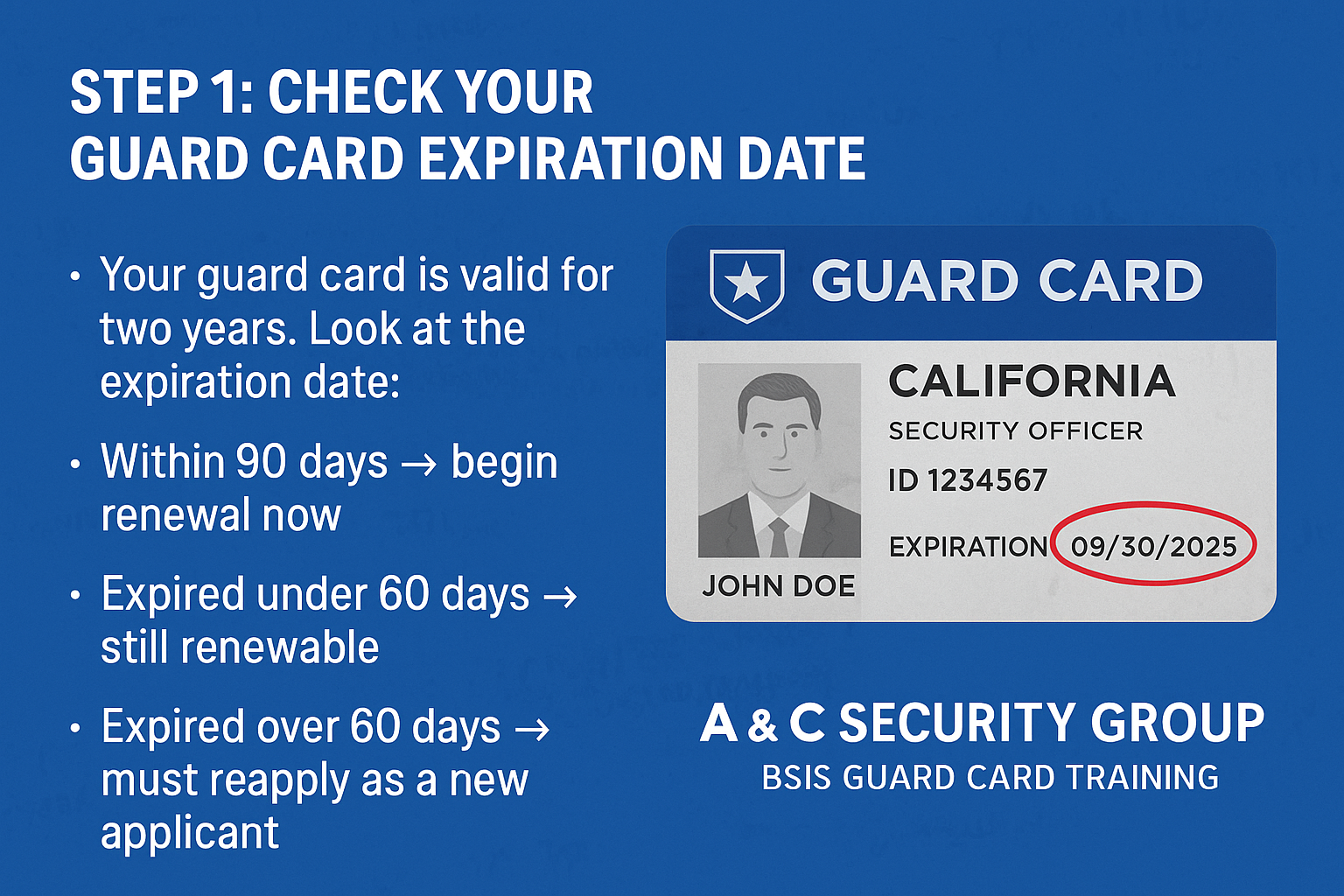 Step 1: How to check your California guard card expiration date for renewal with A & C Security Group BSIS guard card training