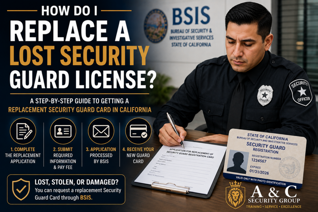 Security guard completing a replacement application for a lost California Guard Card through BSIS