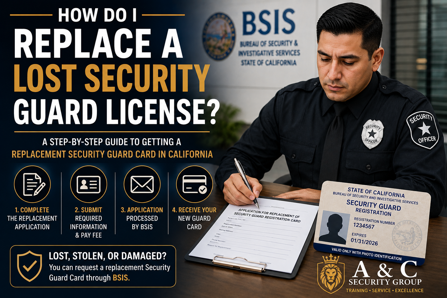 Security guard completing a replacement application for a lost California Guard Card through BSIS