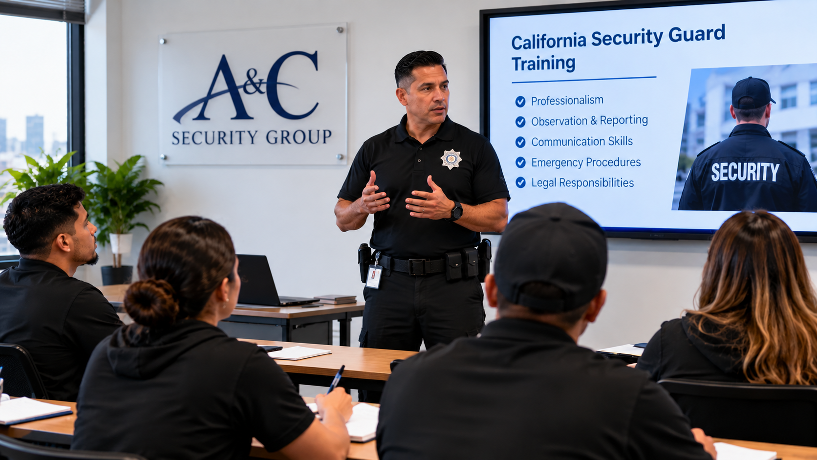 32-hour security guard training in California at A & C Security Group, featuring an instructor teaching Modules B and C.